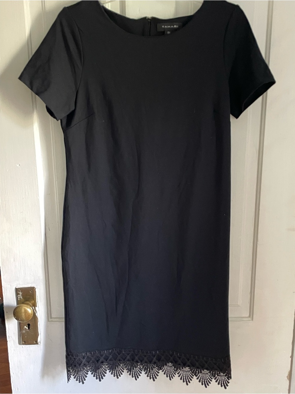 Tahari Black Short Sleeve Mini Dress with Lace Hem